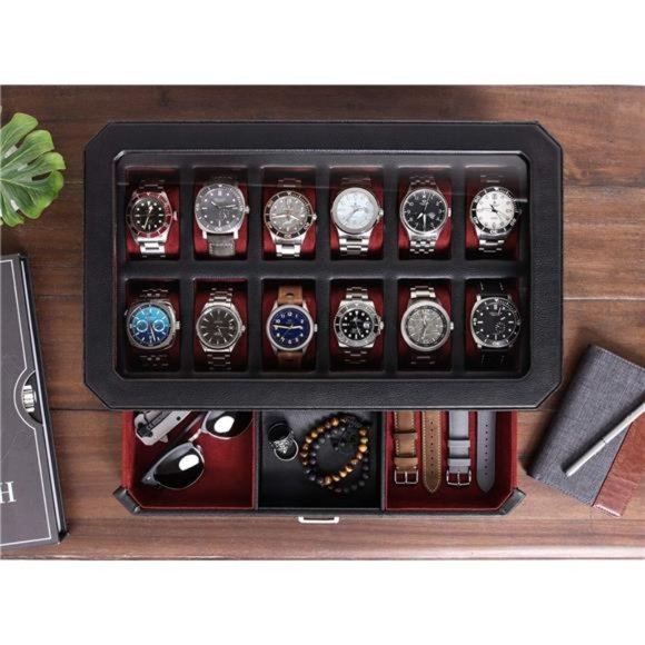 12 Slot Leather Watch Box with Valet Drawer - Microsuede Liner,  (Black/Red) - Picture 3 of 6
